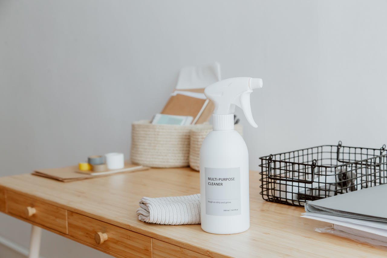 Minimalist desk with a focus on a multipurpose cleaner, office supplies, and storage solutions.